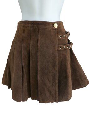 Vintage Leather Suede Gaetano Massari Italy Brown Pleated Mini Wrap Skirt Buckle